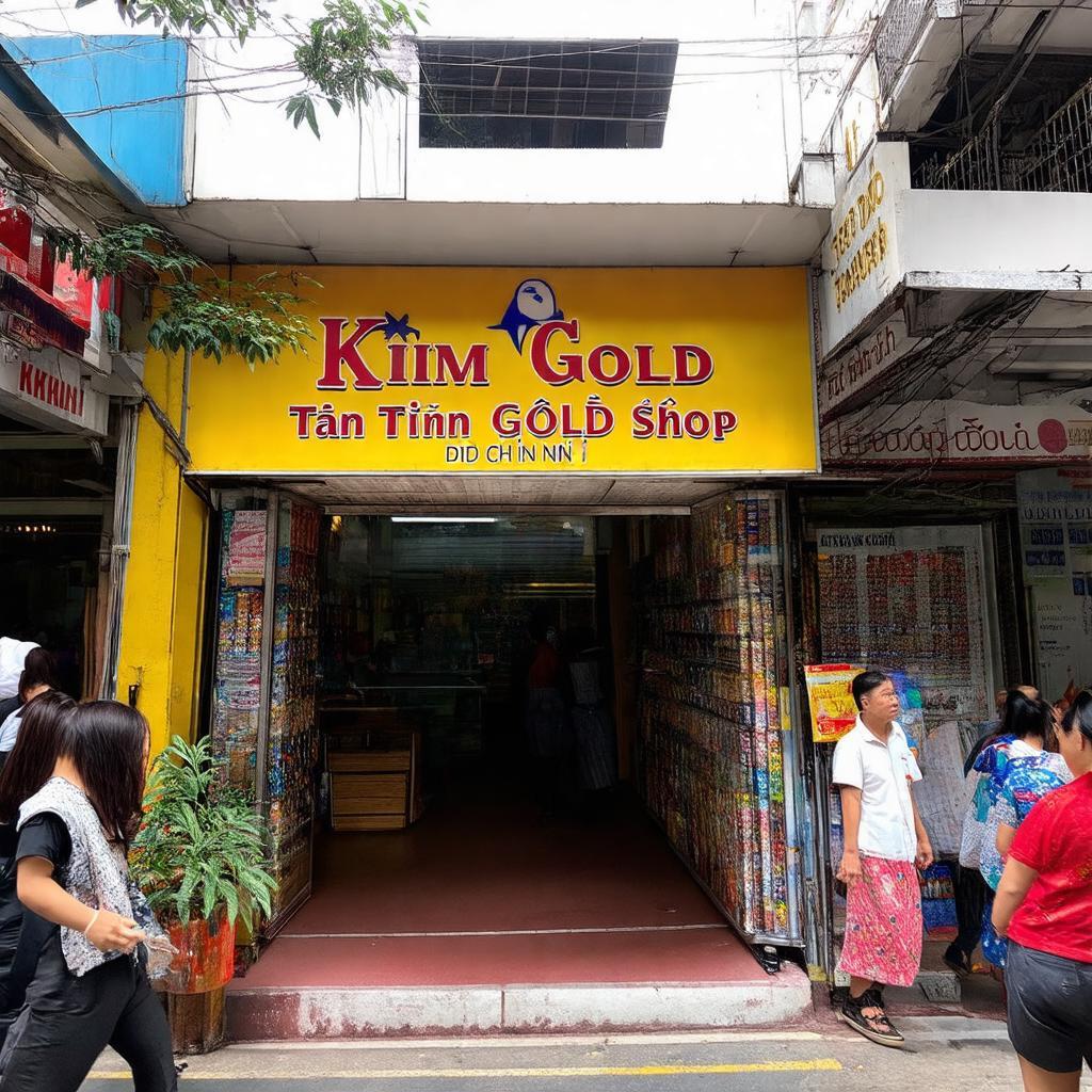Hình ảnh mặt tiền Tiệm vàng Kim Tín tại chợ Tân Định, Quận 1 sầm uất, với biển hiệu rõ ràng